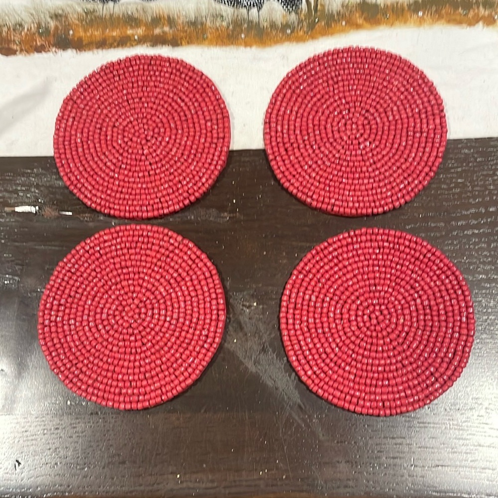 🌟🌟HOST PICK”Coral colored Beaded Coasters Set of 4 NIB